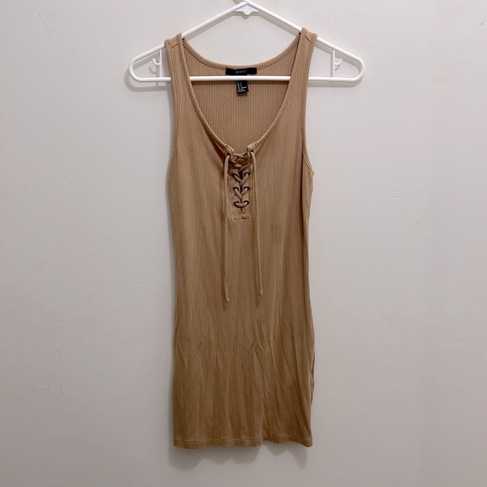 Forever 21 Tan Mini Bodycon Dress with Criss Cross Lace Strings, Size Small